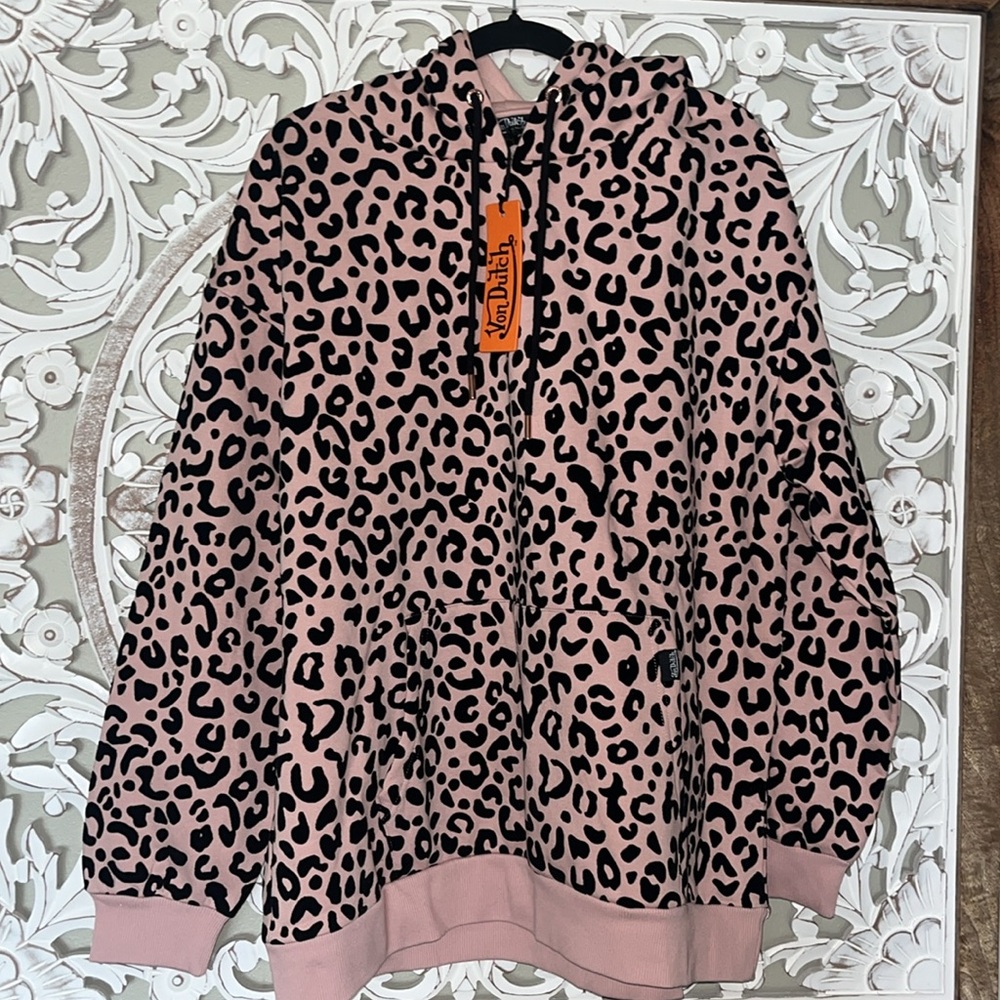 VON DUTCH UNISEX PINK CHEETAH LEOPARD ANIMAL PRINT SWEATSHIRT HOODIE sz XL